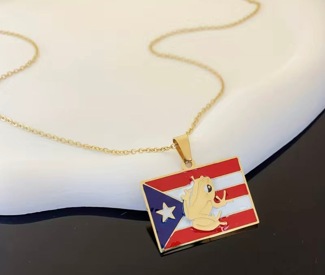 Puerto Rico Flag Dog Tag Stainless Steel or 18k Gold Necklace w 24