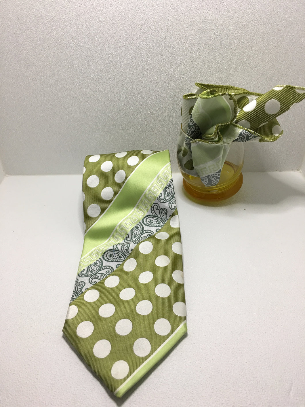 White Polkadot on Olive Green Tie and Pocket Square Combo