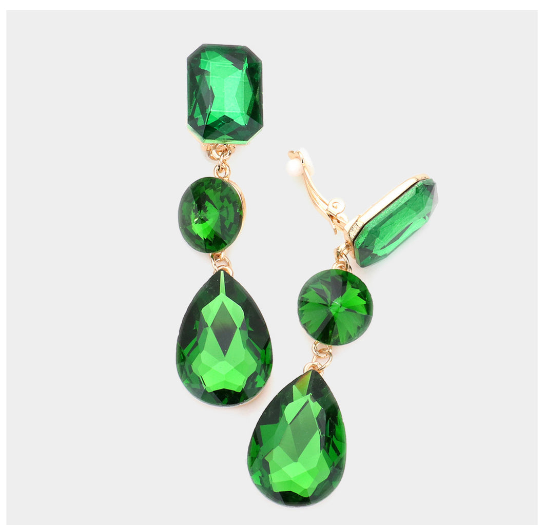 Triple emerald crystal clip on earrings