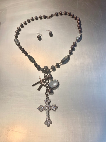 CRACKLED COPPER WITH CLEAR STONES ROSARY SET